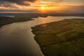 Beautiful landscape aerial view, sunset on the Dniester river, Bakota, Ukraine. Royalty Free Stock Photo