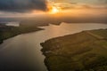 Beautiful landscape aerial view, sunset on the Dniester river, Bakota, Ukraine. Royalty Free Stock Photo