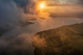 Beautiful landscape aerial view, sunset in fog on the Dniester river, Bakota, Ukraine Royalty Free Stock Photo