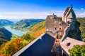 Beautiful landscape with Aggstein castle ruin and Danube River at sunset in Wachau valley Austria