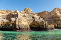 Beautiful landscape of Algarve, Portugal coast with sandstone cliffs, beach and ocean under cloudless blue sky