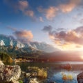 Beautiful Landscape of Alpine Lake with Crystal clear turquoise water and Zugspitze Mountain in Background, Colorful Sky at Sunset Royalty Free Stock Photo