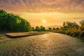 beautiful landscape of amazing sunset on a rough stormy mountain river