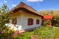 Beautiful landscape of ancient clay house with flower bed in sunny spring day. Pereyaslav-Khmelnitsky Museum