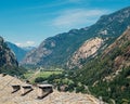 Beautiful landscape in the Aosta Valley mountainous region in northwestern Italy. Alpine valley in summer seen from fort Bard.