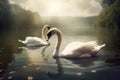 Beautiful landscape art with swans floating in the water from generative ai Royalty Free Stock Photo