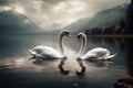 Beautiful landscape art with swans floating in the water from generative ai Royalty Free Stock Photo