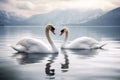 Beautiful landscape art with swans floating in the water from generative ai Royalty Free Stock Photo