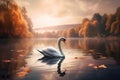 Beautiful landscape art with swans floating in the water from generative ai Royalty Free Stock Photo