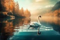 Beautiful landscape art with swans floating in the water from generative ai Royalty Free Stock Photo