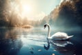 Beautiful landscape art with swans floating in the water from generative ai Royalty Free Stock Photo