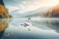 Beautiful landscape art with swans floating in the water from generative ai Royalty Free Stock Photo