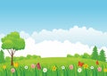 Beautiful Landscape Background with Green Meadow, Clouds, Tree and Mountain Vector illustration Royalty Free Stock Photo