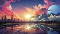 Beautiful Landscape Background Sky Clouds Sunset. View Wallpaper Landscape Light Colours Purple Anime style Magic and Colorful