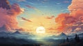 Beautiful Landscape Background Sky Clouds Sunset. View Wallpaper Landscape Light Colours Purple Anime style Magic and Colorful