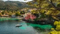 Beautiful landscape with bay and colorful buildings on the background in the town of Asos , Greece, Kefalonia.