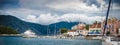 Beautiful landscape with bay and colorful buildings on the background in the town of Asos , Greece, Kefalonia.