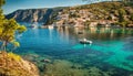 Beautiful landscape with bay and colorful buildings on the background in the town of Asos , Greece, Kefalonia. Royalty Free Stock Photo