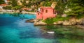 Beautiful landscape with bay and colorful buildings on the background in the town of Asos , Greece, Kefalonia. Royalty Free Stock Photo