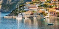 Beautiful landscape with bay and colorful buildings on the background in the town of Asos , Greece, Kefalonia.