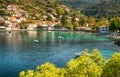 Beautiful landscape with bay and colorful buildings on the background in the town of Asos , Greece, Kefalonia.