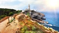 Beautiful landscape of beach and coast with mountains and vegetation. Cliffs in Cantabria, Cabo Mayor Lighthouse in Santander, Spa