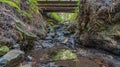 Beautiful landscape, bed of a mountain river with reflection and a stream of clear water in the shade of trees in a Royalty Free Stock Photo