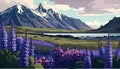 Landscape with lupine flowers and mountains Iceland. Royalty Free Stock Photo