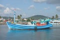 Phu Quoc, Viet Nam - november 2016: Beautiful landscape with blue sea, sky, mountain and boat on the beach. Also, climates.