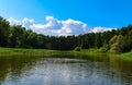 Beautiful landscape with blue sky and white clouds reflected in the clear river water. Summer idyllic .