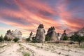 Beautiful landscape Cappadocia stone and old cave house with horse tour in Goreme national park Turkey Sunset