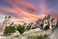 Beautiful landscape Cappadocia stone and old cave house with horse tour in Goreme national park Turkey Sunset