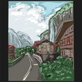 Beautiful landscape. City, houses, mountains, waterfall, road. Austria, a resort. Rest at the hotel. Vector