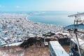 Beautiful landscape and cityscape from Hakodate Mountain with Snow in winter season. landmark and popular for attractions in