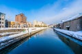 Beautiful landscape and cityscape of Otaru canal river in winter and snow season