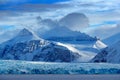 Beautiful landscape. Cold sea water. Land of ice. Travelling in Arctic Norway. White snowy mountain, blue glacier Svalbard, Norway