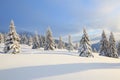 Beautiful landscape on the cold winter day. On the lawn covered with snow, the high mountains with snow white peaks, trees.