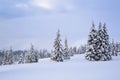 Beautiful landscape on the cold winter morning. Lawn and forests. Location the Carpathian Mountains, Ukraine. Royalty Free Stock Photo