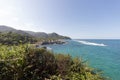 Beautiful landscape of colombian tropical jungle in golden hour with blue turquoise caribbean sea Royalty Free Stock Photo