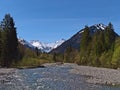 Landscape with the confluence of rivers Trettach and Oybach in the south of Oberstdorf, Bavaria, Germany in spring with mountains.