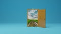 3d rendering the empty room with opened door. beautiful landscape with country road and sun.