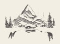 Beautiful cozy house lake mountain vector sketch