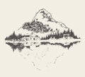 Beautiful cozy house lake mountain vector sketch