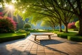 Beautiful landscape design for backyard garden with small bench Ai generated