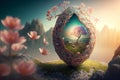 Beautiful landscape with an Easter egg with a core of spring, Generative AI