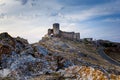 Beautiful landscape of Enisala old stronghold citadel with cloudy sky and rocks