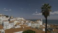 Beautiful landscape of European city with red roofs and palm tree. Action. Ancient European city with southern climate