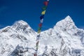 Beautiful Landscape of Everest and Lhotse peak with colorful Nepali flag from Kala Pattar view point. Gorak Shep. Royalty Free Stock Photo