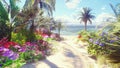 A beautiful landscape with a fabulous beach with beautiful flowers and trees growing on it, blue sky and white sand