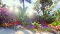 A beautiful landscape with a fabulous beach with beautiful flowers and trees growing on it, blue sky and white sand